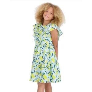 French Connection Girls Lemon Print Dress Blue Yellow Fit Flare Cap Sleeve 14/16